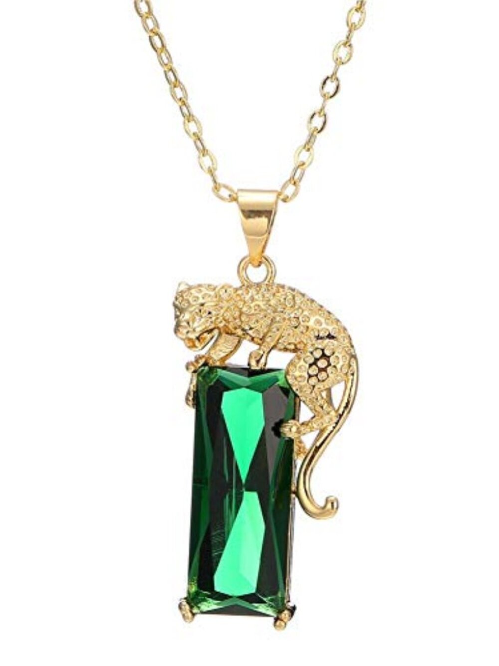 New - Leopard Necklace, 14K Gold Plated Green Crystal Panther Animal Necklace